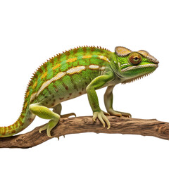 Obraz premium Chamaeleo chameleon, on branch in front of transparent background