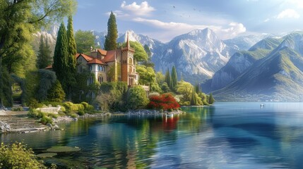Beautiful villa on the lake with mountains in the background. - obrazy, fototapety, plakaty