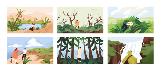 Nature landscapes view, characters in adventures, journeys. People tourists travel, walk outdoors. Calm serene spring and summer scenery views with plants, water. Concept flat vector illustrations set
