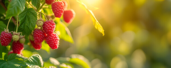 Farming concept - raspberries growing on bunch - Powered by Adobe