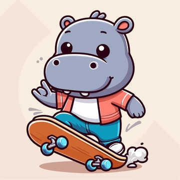 cute baby hippo cartoon character mascot on a skateboard