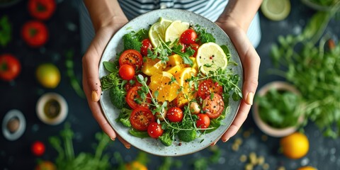 Macrobiotic Diet: The Essence of a Balanced Diet, Featuring Hands Holding Cutlery, a Plate, and Macrobiotic Ingredients or Dish in a Realistic Advertising Poster