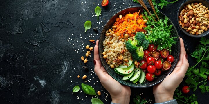 Macrobiotic Diet: The Essence of a Balanced Diet, Featuring Hands Holding Cutlery, a Plate, and Macrobiotic Ingredients or Dish in a Realistic Advertising Poster
