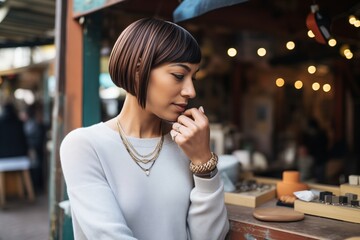 female with a bob cut examining artisanal jewelry at an outdoor market