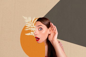 Surreal unusual collage banner of impressed girls hold hands near ear listen unbelievable rumors...
