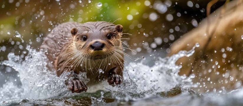 An Otter asian funny animal leaping into a river with splash water in the sunny day. Generated AI