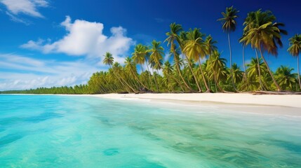 Fototapeta na wymiar beautiful beach and tropical sea with green coconut trees, clear blue sky