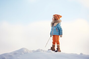 child on top of snowy hill, ready to race down with friends