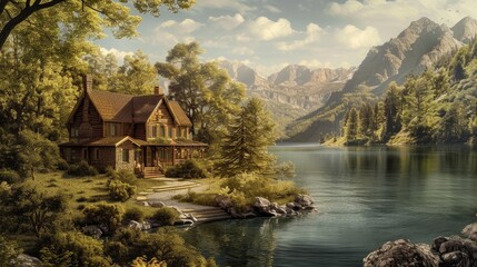 Fototapeta premium Wooden house on the bank of a mountain lake