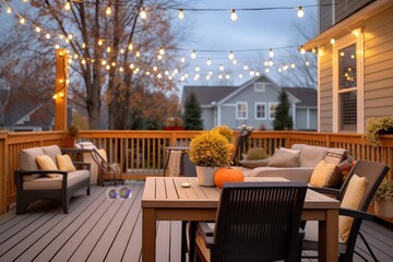 a deck adorned with string lights