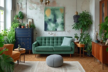 A mid-century modern living room with a green velvet sofa and lots of plants