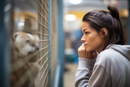 Woman Peering Into An Animal Shelter Cage For Her Missing Pet