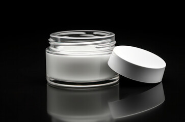 a jar of face cream for skin care on a black background