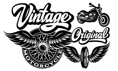 Set of vector monochrome design elements on the theme of custom motorcycle tuning