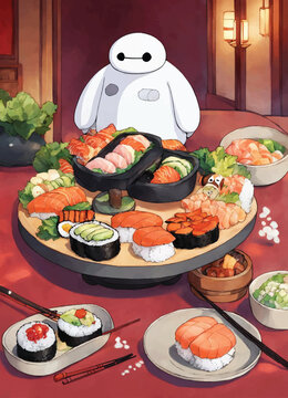 Cute white baymax cartoon character with sushi eps