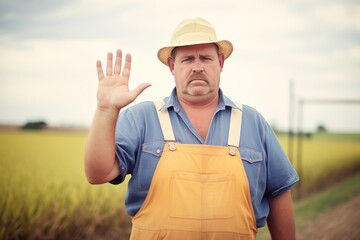 farmer with hand up signaling stop to trespassers on farmland - obrazy, fototapety, plakaty
