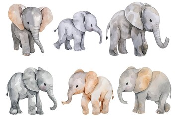 Set of cute elephant in different poses in style watercolor, playful and cheerful