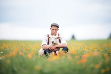 person sitting with a lamb in a flowerfilled field