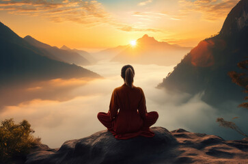 Fototapeta premium Tranquil Sunset Yoga - A Wellness and Mindfulness Journey. A girl meditates against the background of mountains and sunset