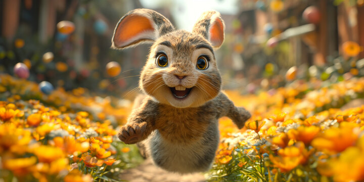 Kleiner s&uuml;&szlig;er Osterhase im Fr&uuml;hling auf der Wiese mit Ostereier im Comic 3D Stil