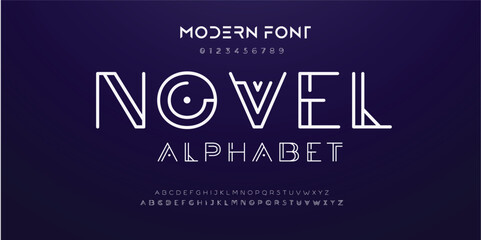 Double line monogram alphabet and tech fonts. Lines font regular uppercase and lowercase. Vector illustration. - obrazy, fototapety, plakaty