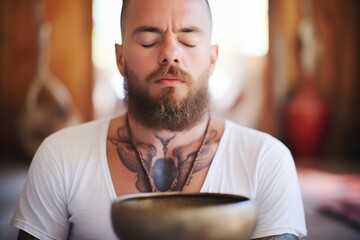 person with eyes closed, using singing bowl for sound bath
