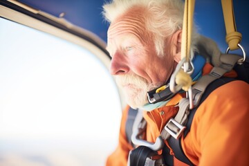senior skydiver checking altimeter midair during descent - obrazy, fototapety, plakaty
