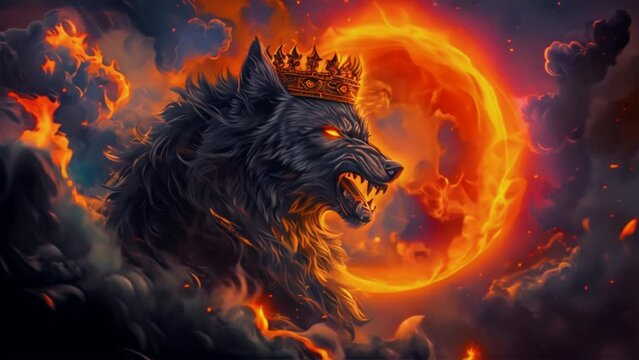 Angry roaring wolf wearing king crown,  and smoke clouds, north mythology background.