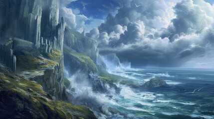 The beauty of the coastline. Waves crash against the rocky shore