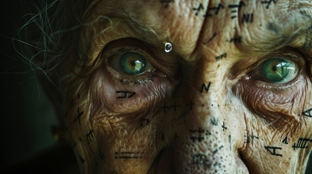 Close-up portrait photo of an elderly, sad woman with intense green eyes who has small tattoos representing mathematical formulas all over her face