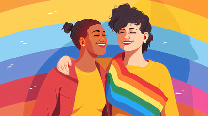 LGBTQ lesbian couple hugging on rainbow background. Gay lesbian couple hugging on rainbow background illustration. LGBT lesbian couple hugging on rainbow background