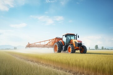 a tractor with a sprayer wetting hay field - obrazy, fototapety, plakaty