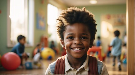 Portrait of a happy kid black african boy playing on a kindergarten room from Generative AI - obrazy, fototapety, plakaty