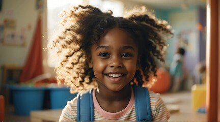 Portrait of a happy kid black african girl playing on a kindergarten room from Generative AI - obrazy, fototapety, plakaty