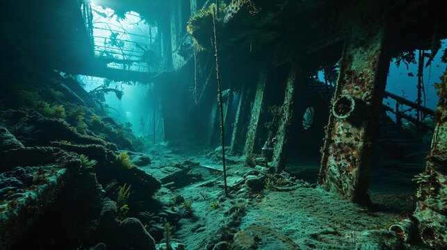 Ancient vessel sunken at sea bed.