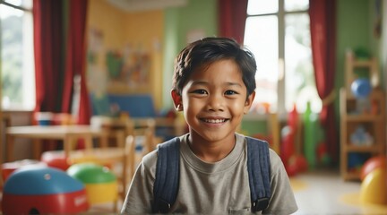 Portrait of a happy kid filipino boy playing on a kindergarten room from Generative AI - obrazy, fototapety, plakaty