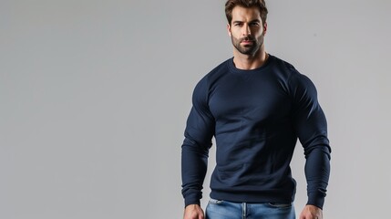 handsome muscular man. Wearing a dark navy blue sweatshirt. Blue jeans. He stands forward. White background