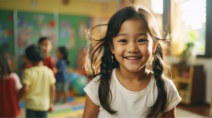 Portrait of a happy kid filipino girl playing on a kindergarten room from Generative AI - obrazy, fototapety, plakaty