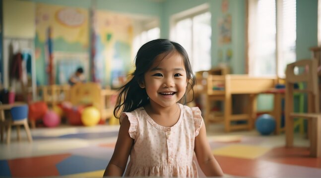 Portrait of a happy kid filipino girl playing on a kindergarten room from Generative AI