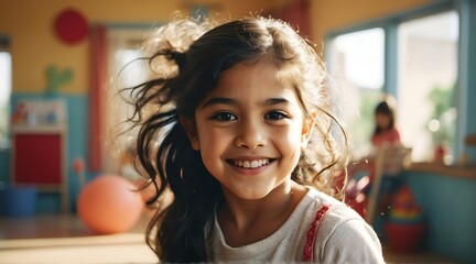 Portrait of a happy kid mexican girl playing on a kindergarten room from Generative AI - obrazy, fototapety, plakaty