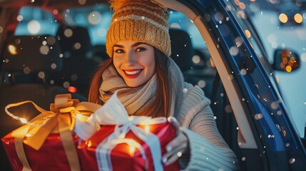 Happy young woman putting New Year's gifts into a car. A wonderful atmosphere of celebration and happiness. Shopping concept 