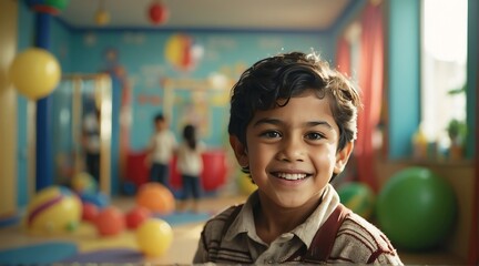 Portrait of a happy kid mexican boy playing on a kindergarten room from Generative AI