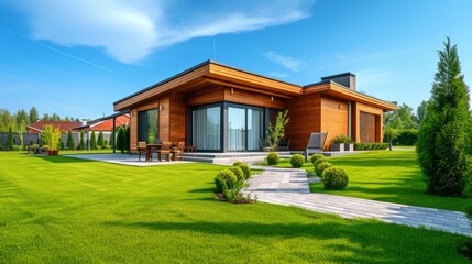 Fototapeta na wymiar Modern wooden eco house villa facade luxury big house. Timber cottage with with green lawn water sprinkler, paved footpath and blue sky background. Landscaping design, garden watering and maintenance