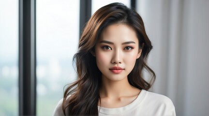 Portrait of attractive asian woman for beauty skin care ad concept on plain white background from Generative AI