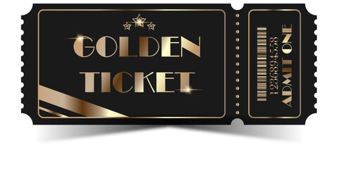 Luxury golden ticket on black background with shiny metallic text and stars. VIP admit one pass for exclusive event, special invitation, premium access or raffle prize. Elegant vector design template.