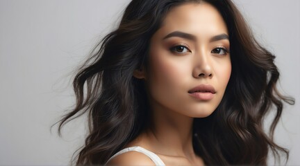 Naklejka premium Portrait of attractive filipino woman for beauty skin care ad concept on plain white background from Generative AI
