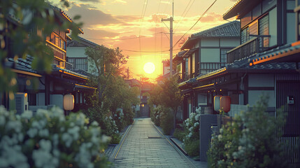 Sunset Over Traditional Japanese Street, warm sunset bathes a traditional Japanese street in a...