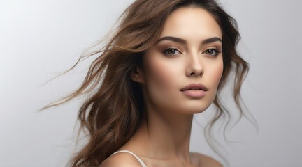 Fototapeta premium Portrait of attractive woman for beauty skin care ad concept on plain white background from Generative AI