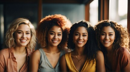 Obraz premium Portrait of diverse inclusive group of happy woman, woman's month concept from Generative AI