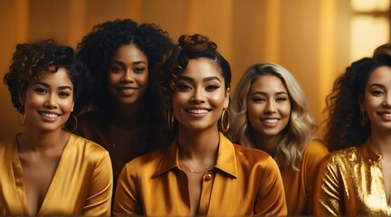 Obraz premium Portrait of diverse inclusive group of happy woman, woman's month concept, gold theme from Generative AI